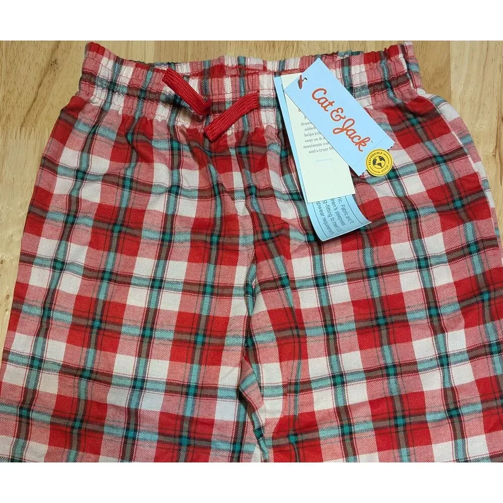 Cat & Jack Pajama Pants Kids Small 6/6X Red Green & Cream Plaid Cuffed Ankle